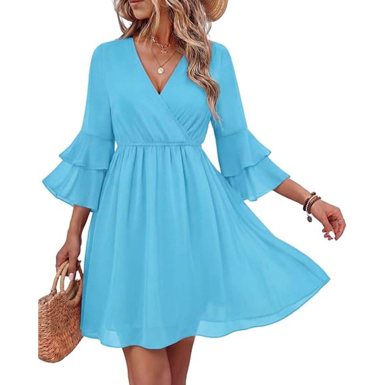 Women's Sky Blue Polyester Ruffle Sleeve A Line Embroidered Boho Short Dress